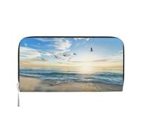 CHANGLEI The Beach with Sea Birds Long Zip Around PU Leather Clutch Wallet for Women, Wallet Multifonction with Coin Pocket, Multiple Card Slots and Organizer Compartiments
