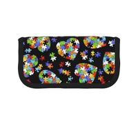 CHANGLEI Trousse à crayons en toile robuste avec motif imprimé en forme de cœur pour sensibilisation à l'autisme, double fermeture éclair, bordure noire contrastée, organiseur multi-usage