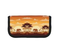 CHANGLEI Trousse à crayons en toile robuste motif éléphant et girafe au coucher du soleil avec impression complète, double fermeture éclair, bordure noire contrastée, organiseur multi-usage