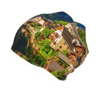 CHANGLEI Village Scenic Grand chapeau tricoté unisexe pour enfants (8-12 ans) - Imprimé intégral - Polyester doux - Chaleur double couche pour l'extérieur - Noir