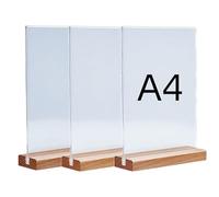 Changyeah Lot de 3 présentoirs de table A4 avec base en bois, support en acrylique A4, support en T, présentoir publicitaire en acrylique avec pied en bois pour mariage, restaurant, bureau, café (A4)