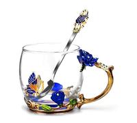 CHANGYUE Ensemble tasses à thé fleur papillon en émail, tasse café verre exquise avec cuillère, cadeau fait main pour femmes, maman, grand-mère (bleu) (B)