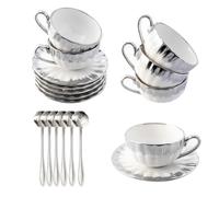 CHANJOON Lot de 6 tasses à thé, plateau à thé, cuillères à café, en céramique de 6 oz avec bord doré galvanique et boîte cadeau, tasses à café, tasses à thé blanc, couleur argent, taille moyenne