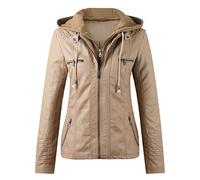 Chanpning Blousons Femme Veste Cuir Simili Cuir Fermeture Éclair Manteau à Capuche Court Vestes Manches Longues Zip Jacket Slim Fit Faux Leather Mi Saison Manteau de moto Col Montant