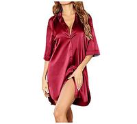Chanpning Chemises Nuit Femme Pyjama Satin Nuisette Col V Manches 3/4 Bouton vers Bas Robe Nuit Couleur Solide Lâche Chemise De Nuit Longue