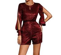 Chanpning Combinaison Short Sequin pour Femme Combinaison à Manches Longues Col en Rond Combishort Barboteuse Sexy et Chic Jumpsuit Short Rompers Combishorts à Paillettes Costumes de Scène