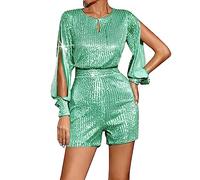 Chanpning Combinaison Short Sequin pour Femme Combinaison à Manches Longues Col en Rond Combishort Barboteuse Sexy et Chic Jumpsuit Short Rompers Combishorts à Paillettes Costumes de Scène
