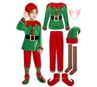Chanpning Déguisement Noel Enfant Lutin Déguisement Elfe Pour Filles Et Garçons Costume De Lutin De Noël Enfant Vêtements Avec Haut,Ceinture,Chapeau,Chaussettes Costume De Noël Pour Fête Et Carnaval