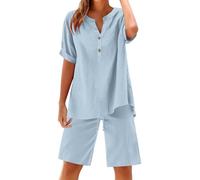 Chanpning Ensemble Lin Femme Été 2 Pièces Chic Et Elegant Chemise Et Pantacourt Tenue Printemps Été Décontracté Léger Respirant Couleur Unie Confortable Survêtement Voyage Plage Loungewear
