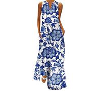 Chanpning Femme Robe Longue Imprimé Floral Maxi Robe BohèMe avec Poches sans Manches Grande Taille Robe Trapeze Femme Robe Longue Fluide Robe D Ete pour Femme Robe Femme Chic Et Elegant