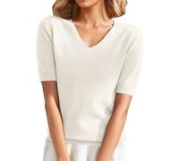 Chanpning Pull à Manches Courtes pour Femme Tricot Col V Léger Stretch Couleur Unie Printemps Été Hauts Chic Et Elegant Décontracté Sweatshirt