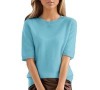 Chanpning Pull à Manches Courtes pour Femme - Tricot Fin - Col Rond - Léger - Stretch - Couleur Unie- Chemisier Basique - Printemps Été -Pull Femme Chic Et Elegant