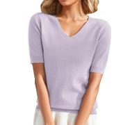 Chanpning Pull à Manches Courtes pour Femme - Tricot Fin - Col v - Léger - Stretch - Couleur Unie- Chemisier Basique - Printemps Été -Pull Femme Chic Et Elegant