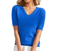 Chanpning Pull à Manches Courtes pour Femme - Tricot Fin - Col v - Léger - Stretch - Couleur Unie- Chemisier Basique - Printemps Été -Pull Femme Chic Et Elegant