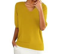 Chanpning Pull Femme Col en V Pull Elégant Couleur Unie Ample Pullover Décontracté Manches Courtes Léger Chandail Printemps Été Automne Sweater Hauts