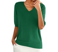 Chanpning Pull Femme Col en V Pull Elégant Couleur Unie Ample Pullover Décontracté Manches Courtes Léger Chandail Printemps Été Automne Sweater Hauts