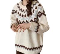 Chanpning Pull Femme Norvégien d'hiver Chaud Pull Over Tricoté Chic Col Rond À Manches Longues Sweater Tops Motif Jacquard Tunique Grande Taille Pas Cher Décontractés Vetement Femme Automne-Hiver