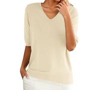 Chanpning Pull Femme T-Shirt Manches Courtes Tricoté Hauts Pullover Col V Chandail Léger Décontracté Couleur Unie Sweater Élégantes Printemps Été Tops