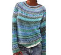 Chanpning Pull Norvégien Femme Pulls en Tricoté Vintage À Motif Hiver Chaud Pull Islandais Jacquard À Manches Longues Tops Col Rond Chandail Oversize Pullover Mohair Élégant Léger Sweater