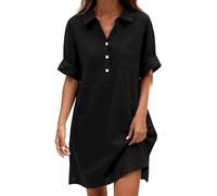 Chanpning Robe Coton et Lin pour Femme Été Fluide Manche Courte Chic et Elegant Robes Col V Button Décontractée Grande Taille Robes Couleur Unie Respirant D'été Boheme Vacances à la Plage Dress
