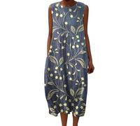 Chanpning Robe Femme D Été Grande Taille Robes Maxi sans Manches Col Rond Robe Été Longue Fluide Imprimée Floral Décontractée Chic Élégante Bohème A-Line Ample Vintage Dress Plage Vacances Fête