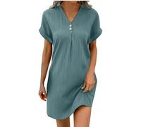 Chanpning Robe Femme Ete Lin Coton Tunique Robe Manches Courtes Ample Casual Couleur Unie Robes avec Boutons Col V Chic Elegant Robes De Plage Pas Cher Grandes Tailles Dress pour FêTe Vacances