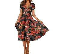 Chanpning Robe Mi - Longue Femme éTé Imprimé Polka Dot Col en V Manches Courtes Robe éLasticité Casual Tunique Pin-Up Robe De SoiréE Chic Et Elegant sous Le Genou Robe pour FêTe Plage
