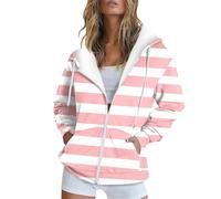Chanpning Sweat Zippée Femme Rayé Sweat-Shirt À Manches Longues Automne Printemps Décontracté Sweat Zippé Blousons Surdimensionné avec Poche Extérieur Pullover Chic Grande Taille Veste