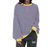 Chanpning Women Striped Color Block Oversized Sweatshirt Crew Neck Long Sleeve Shirt Pullover Top Casual Loose fit Sweater Vintage Sweat-Shirt Streetwear