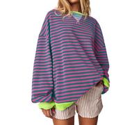 Chanpning Women Striped Color Block Oversized Sweatshirt Crew Neck Long Sleeve Shirt Pullover Top Casual Loose fit Sweater Vintage Sweat-Shirt Streetwear