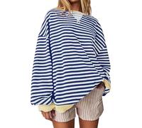 Chanpning Women Striped Color Block Oversized Sweatshirt Crew Neck Long Sleeve Shirt Pullover Top Casual Loose fit Sweater Vintage Sweat-Shirt Streetwear