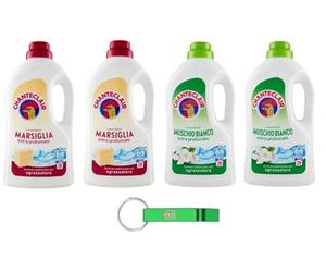 Chanteclair Lavatrice Lot de 4 paquets de test Marseille + lessive liquide musc blanc pour machine à laver - Lessive 28 lavages 1260 ml + porte-clés Beni Culinari gratuit