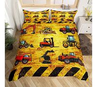 Chantier De Construction Voiture Parure de Lit 220x240cm pour Enfants Pelle Camion Parure Housse de Couette Machinery Voitures Véhicules Housse de Couette Rétro Jaune Noir Chambre Décor 3Pcs