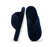 Chantomoo Pantoufles pour femme en mousse à mémoire de forme avec nœud en velours côtelé et bandes croisées,Bleu marine,42/43 EU