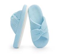 Chantomoo Pantoufles pour femme en mousse à mémoire de forme en velours côtelé avec nœud et bandes croisées,Bleu clair,36/37 EU