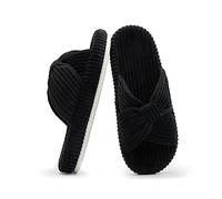 Chantomoo Pantoufles pour femme en mousse à mémoire de forme en velours côtelé avec nœud et bandes croisées