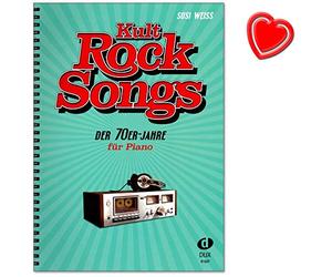 Chants de rock cultes des années 70 - 30 classiques, arrangés pour piano - Eagles, Elton John, Rod Stewart, Supertramp, etc. - Notes de piano avec pince à partitions colorée en forme de cœur.