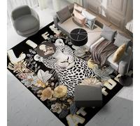 Chanxiang666 Tapis de Salon Chambre Design Moderne 160x200cm Fleur léopard Noire Poils Courts, Bordure, Doux Lavable en Machine 160x200cm