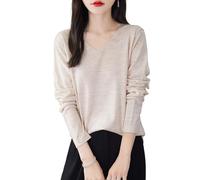 Chanyarn 100% Laine Mérinos T-Shirt Femme pour Tricot Manche Longues col V Base Voyage Randonnée Tshirt Chemise (Beige,L)