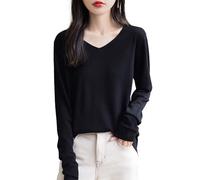 Chanyarn 100% Laine Mérinos T-Shirt Femme pour Tricot Manche Longues col V Base Voyage Randonnée Tshirt Chemise (Black,L)