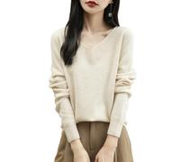 Chanyarn Femme 100% Lain Merino Col en V Pull 2025 Décontracté à Manches Longues sans Couture Pull en Tricot (Beige,XL)