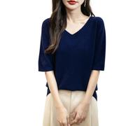 Chanyarn Femme 100% Lain Merino Manches Courtes Pull 2025 Printemps Été Hiver Doux Chaud Col en V sans Couture Tricot Pull (Navy Blue,M)