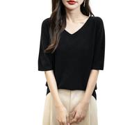 Chanyarn Femme 100% Lain Merino Manches Courtes Pull 2025 Printemps Été Hiver Doux Chaud Col en V sans Couture Tricot Pull (Black,L)
