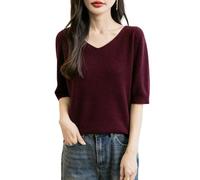 Chanyarn Femme 100% Lain Merino Manches Courtes Pull 2025 Printemps Été Hiver Doux Chaud Col en V sans Couture Tricot Pull (Dark Red,XL)