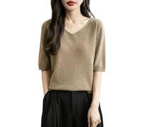 Chanyarn Femme 100% Lain Merino Manches Courtes Pull 2025 Printemps Été Hiver Doux Chaud Col en V sans Couture Tricot Pull (Tan,XL)