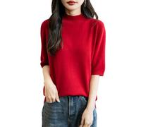Chanyarn Femme 100% Lain Merino Manches Courtes Pull 2025 Printemps Été Hiver Doux Chaud Col Montant sans Couture Tricot Pull (Red,S)