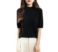 Chanyarn Femme 100% Lain Merino Manches Courtes Pull 2025 Printemps Été Hiver Doux Chaud Col Montant sans Couture Tricot Pull (Black,L)