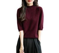 Chanyarn Femme 100% Lain Merino Manches Courtes Pull 2025 Printemps Été Hiver Doux Chaud Col Montant sans Couture Tricot Pull (Dark Red,XL)