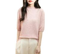 Chanyarn Femme 100% Lain Merino Manches Courtes Pull 2025 Printemps Été Hiver Doux Chaud Col Montant sans Couture Tricot Pull (Pink,M)