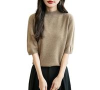 Chanyarn Femme 100% Lain Merino Manches Courtes Pull 2025 Printemps Été Hiver Doux Chaud Col Montant sans Couture Tricot Pull (Tan,S)